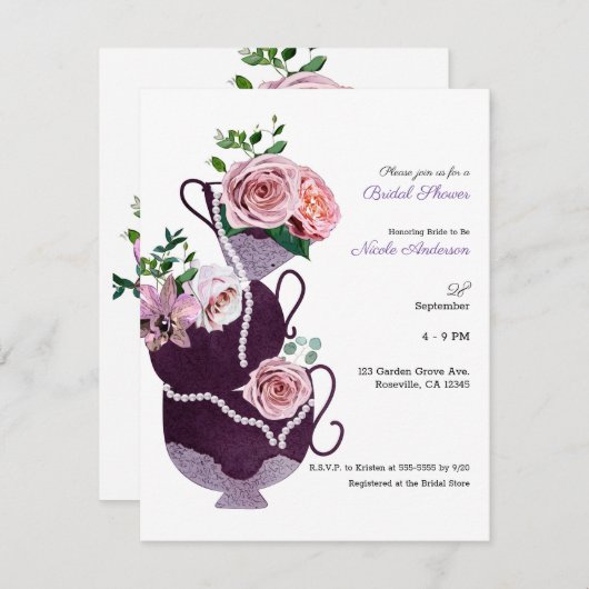 フローラティーカップパールヴィンテージブライダルシャワーパーティー 招待状 (正面/裏面)