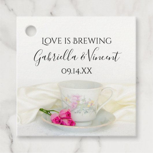 フローラティーカップピンクのバラの愛が醸造結婚の フェイバータグ (正面)