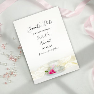 フローラティーカップピンクのバラの結婚式の日付を保存 セーブザデート