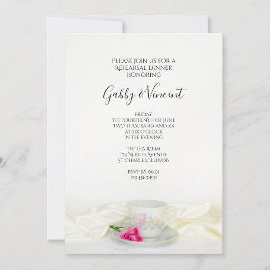 フローラティーカップピンクローズ結婚のリハーサルディナー 招待状 (正面)