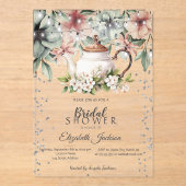 フローラティーカップブラシストロークブライダルシャワー アクリル招待状 (正面)