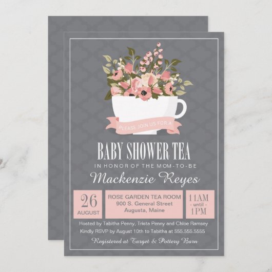 フローラティーカップベビーシャワーティー招待状 招待状 (正面/裏面)