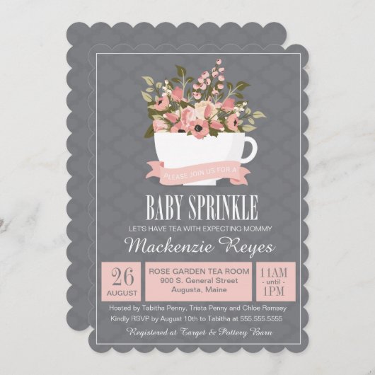 フローラティーカップベビースプリンクルティーパーティの招待状 招待状 (正面/裏面)