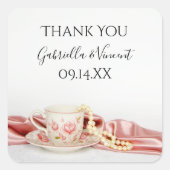 フローラティーカップ結婚真珠の感謝メッセージカード スクエアシール (正面)