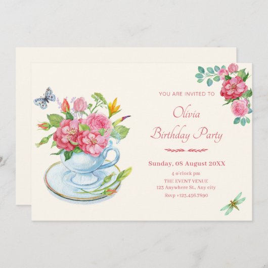 フローラティーカップ誕生日 招待状 (正面/裏面)