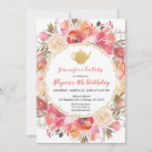 フローラティーパーティの招待状コーラル赤面ピンクグリーン 招待状 (正面)