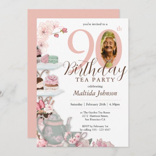 フローラティーパーティーカスタムピンク写真90誕生日 招待状 (正面/裏面)