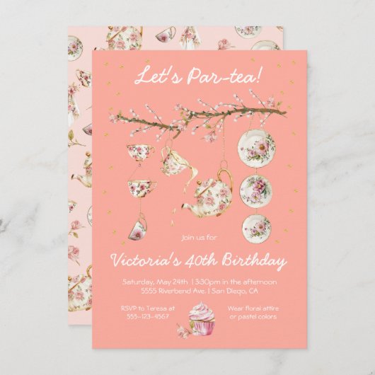 フローラティーパーティーブランチ誕生日招待状 招待状 (正面/裏面)