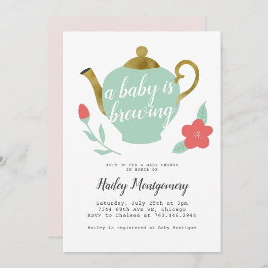 フローラティーパーティーベビーシャワーベビーが醸造 招待状 (正面/裏面)