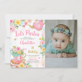フローラティーパーティー誕生日写真 招待状 (正面)
