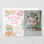 フローラティーパーティー誕生日写真 招待状 (正面/裏面)