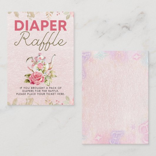 フローラティーパーティー赤ちゃんシャワーおむつラッフルサイン エンクロージャーカード (正面/裏面)