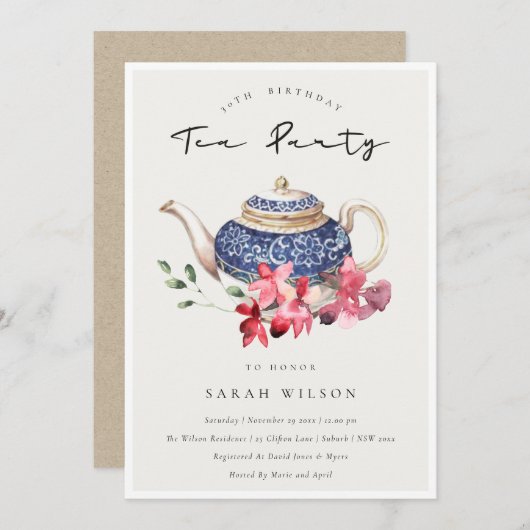 フローラティーポットエイジ誕生日ティーパーティー招待状 サンキューカード (正面/裏面)