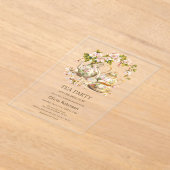 フローラティーポットティーパーティーブライダルシャワー アクリル招待状 (レイダウン)