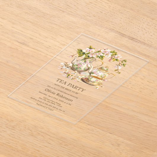 フローラティーポットティーパーティーブライダルシャワー アクリル招待状 (レイダウン)