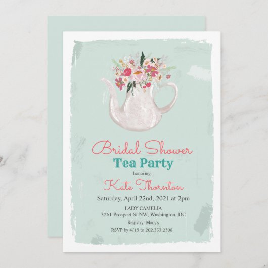 フローラティーポットティーパーティーブライダルシャワー 招待状 (正面/裏面)
