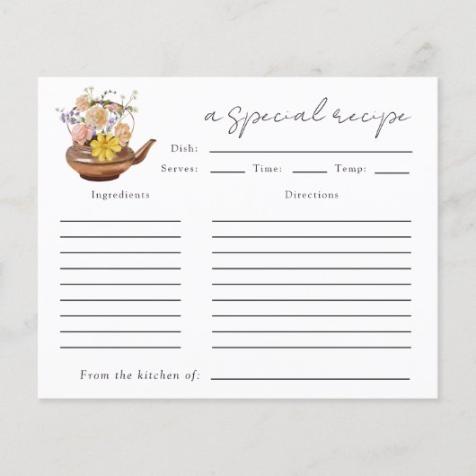 フローラティーポットブライダルシャワーティーパーティーレシピカード (正面)