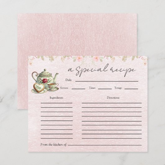フローラティーポットブライダルシャワーティーパーティーレシピカード (正面/裏面)