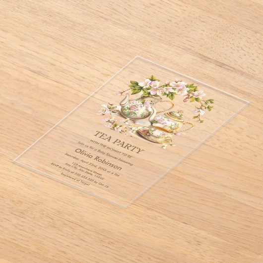 フローラティーポット茶のパーティー時間のお茶の赤ちゃんシャワー アクリル招待状 (レイダウン)