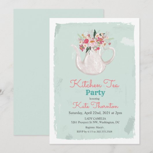 フローラティーポット茶パーティーキッチンティー 招待状 (正面/裏面)