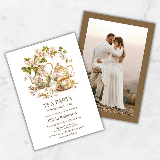 フローラティーポット茶パーティーフォトブライダルシャワー 招待状