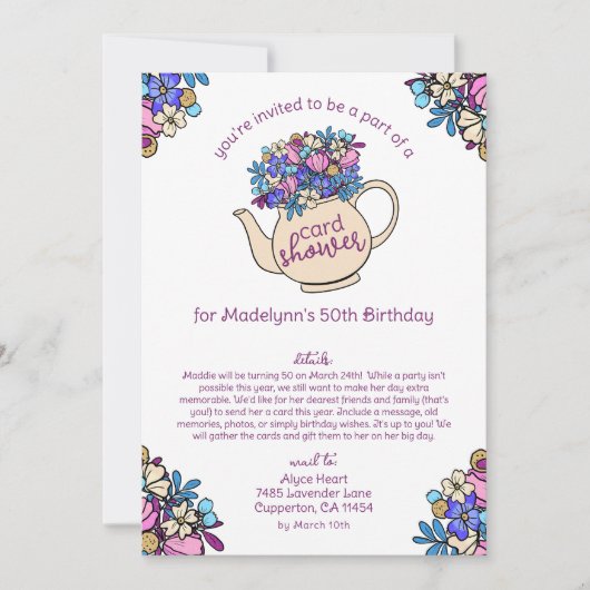 フローラティーポット50誕生日カードシャワーバイメール 招待状 (正面)