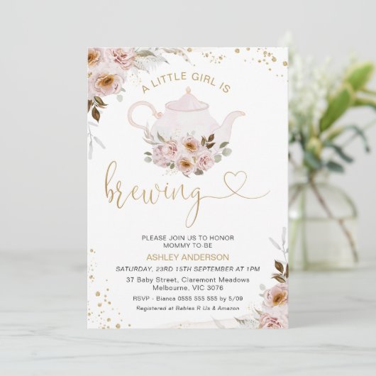 フローラティーポットA小さな女の子は赤ちゃんシャワーを醸造している 招待状 (スタンド正面)