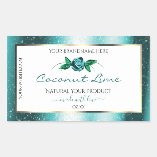 フローラティール（緑がかった色）と白の製品ラベルソフトグリッター 長方形シール (正面)
