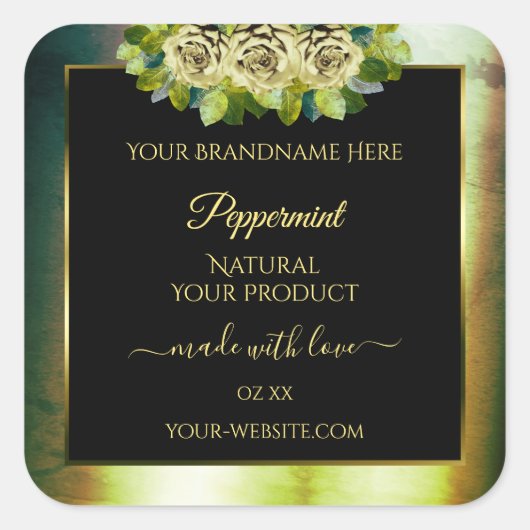 フローラティール(緑がかった色)グリーンマーブルブラック製品ラベルバラ スクエアシール (正面)