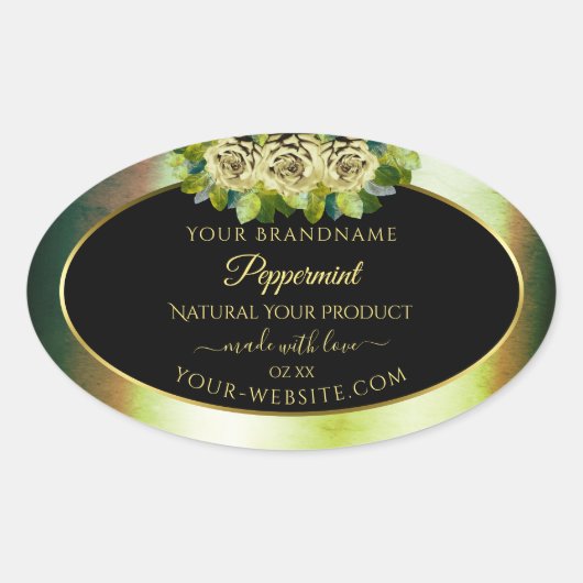 フローラティール(緑がかった色)グリーンマーブルブラック製品ラベルバラ 楕円形シール (正面)