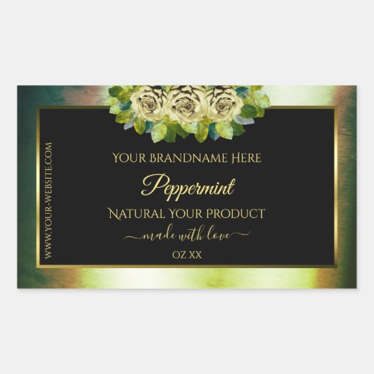 フローラティール(緑がかった色)グリーンマーブルブラック製品ラベルバラ 長方形シール (正面)