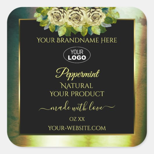 フローラティール（緑がかった色）グリーン大理石ブラック製品ラベルロゴ スクエアシール (正面)