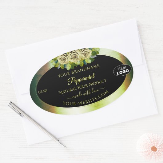 フローラティール（緑がかった色）グリーン大理石ブラック製品ラベルロゴ 楕円形シール (封筒)
