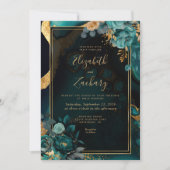 フローラティール（緑がかった色）ゲート金ゴールド結婚フレーム 招待状 (正面)