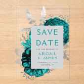 フローラティール(緑がかった色)シルバーウェディング日付を保存 アクリル招待状 (正面)