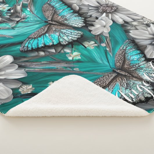 フローラティール(緑がかった色)シルバーチョウパーソナライズされた名 シェルパブランケット (3/4)