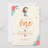 フローラティール（緑がかった色）ピンクレッドヘアガールファースト誕生日 招待状 (正面)