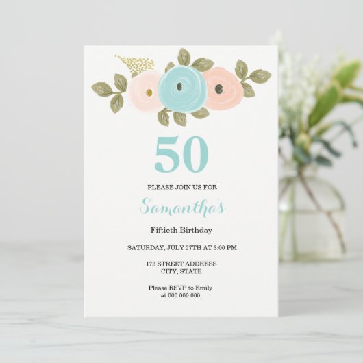 フローラティール(緑がかった色)&ピーチ50thバースデーパーティーへの招待 招待状 (スタンド正面)