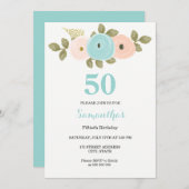 フローラティール（緑がかった色）&ピーチ50thバースデーパーティーへの招待 招待状 (正面/裏面)