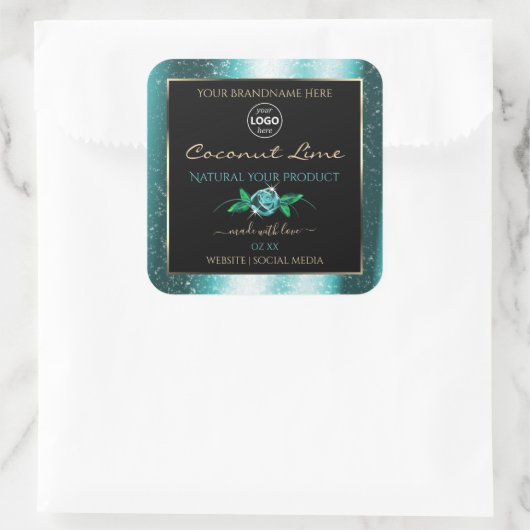 フローラティール(緑がかった色)ブラック製品ラベルソフトグリッターロゴ スクエアシール (バッグ)