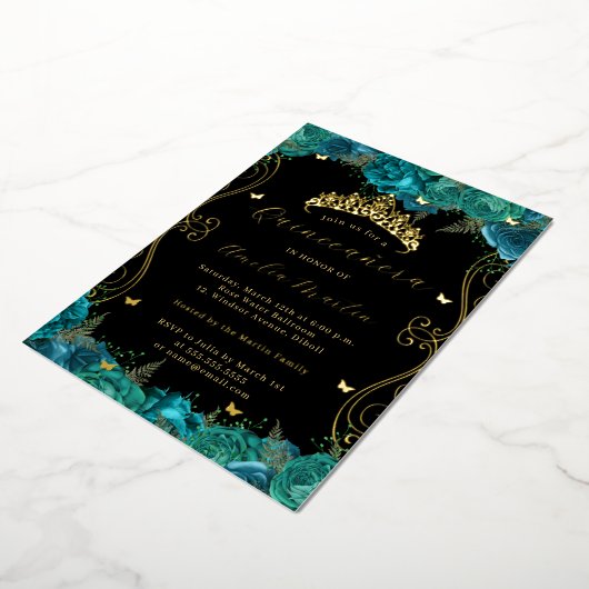 フローラティール（緑がかった色）ブラック金ゴールドスクロールキンセアニェラ 箔招待状 (回転した状態)