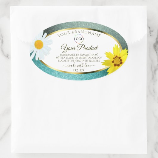 フローラティール(緑がかった色)ブルーグリッターホワイト製品ラベルのロゴ 楕円形シール (バッグ)