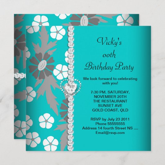 フローラティール（緑がかった色）ブルーグレーホワイトバースデーパーティー 招待状 (正面/裏面)