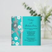 フローラティール（緑がかった色）ブルーグレーホワイトバースデーパーティー 招待状 (スタンド正面)