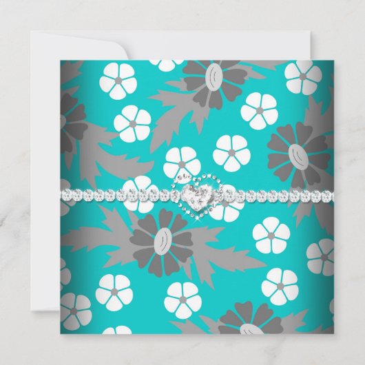 フローラティール（緑がかった色）ブルーグレーホワイトバースデーパーティー 招待状 (裏面)