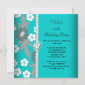 フローラティール（緑がかった色）ブルーグレーホワイトバースデーパーティー 招待状 (正面)