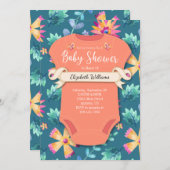 フローラティール(緑がかった色)ブルーコーラルピンクフラワーベビーシャワー 招待状 (正面/裏面)