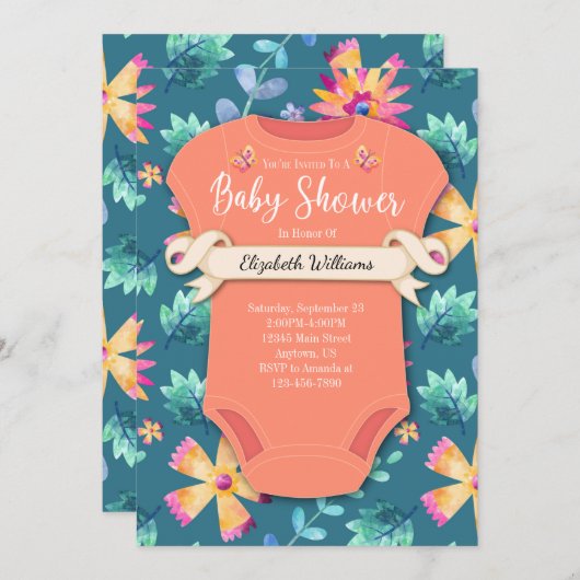 フローラティール(緑がかった色)ブルーコーラルピンクフラワーベビーシャワー 招待状 (正面/裏面)