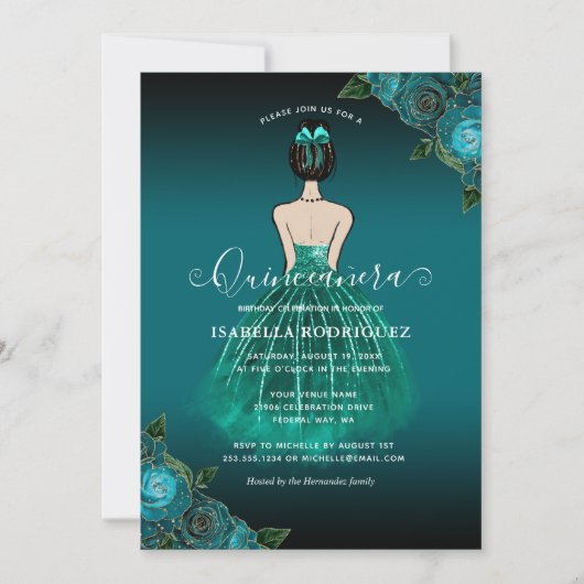 フローラティール（緑がかった色）プリンセス金ゴールド誕生日キンセアニラ 招待状 (正面)
