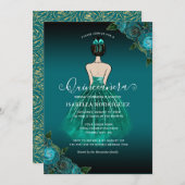 フローラティール（緑がかった色）プリンセス金ゴールド誕生日キンセアニラ 招待状 (正面/裏面)